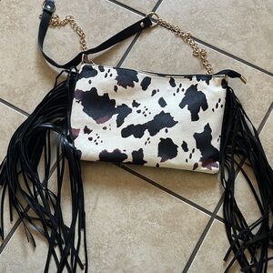 Chic Cow Print Clutch with Black Fringe
